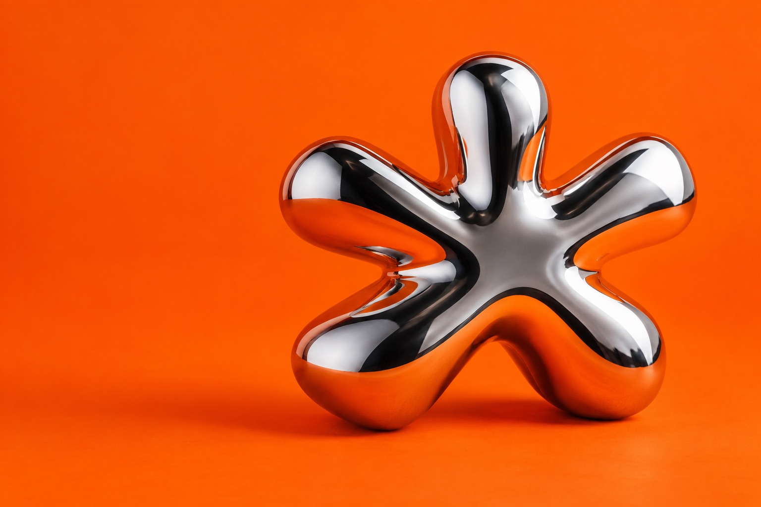 Escultura de un asterisco cromado sobre un fondo naranja